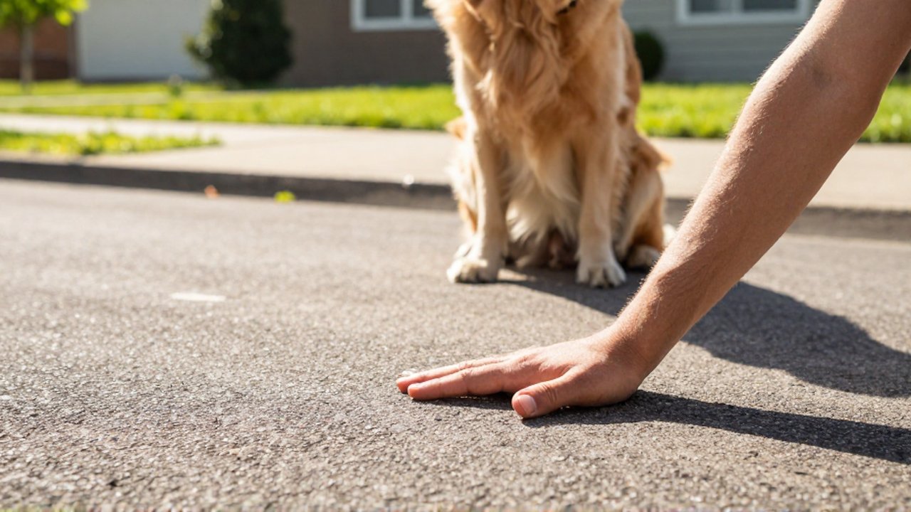 Una mano toca el asfalto caliente de una calle soleada junto a un perro Golden Retriever.