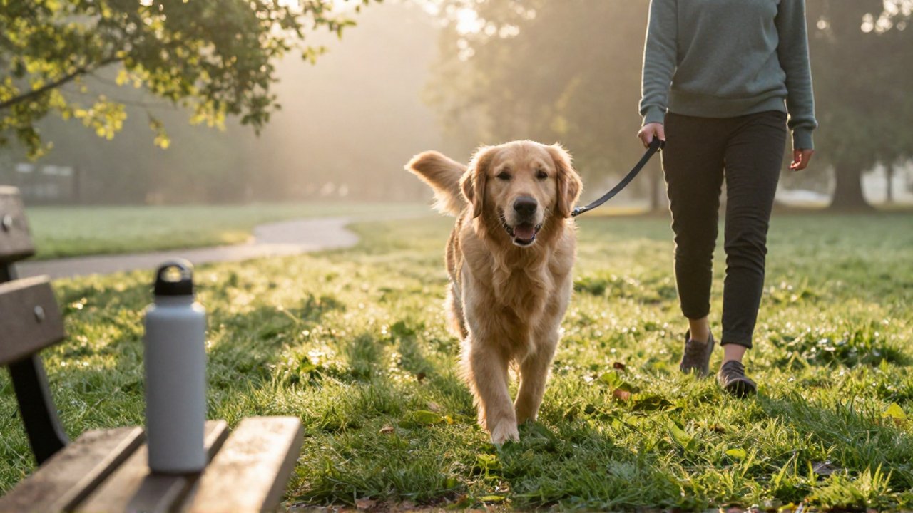 Un golden retriever camina feliz con su dueño por un parque verde durante el amanecer.
