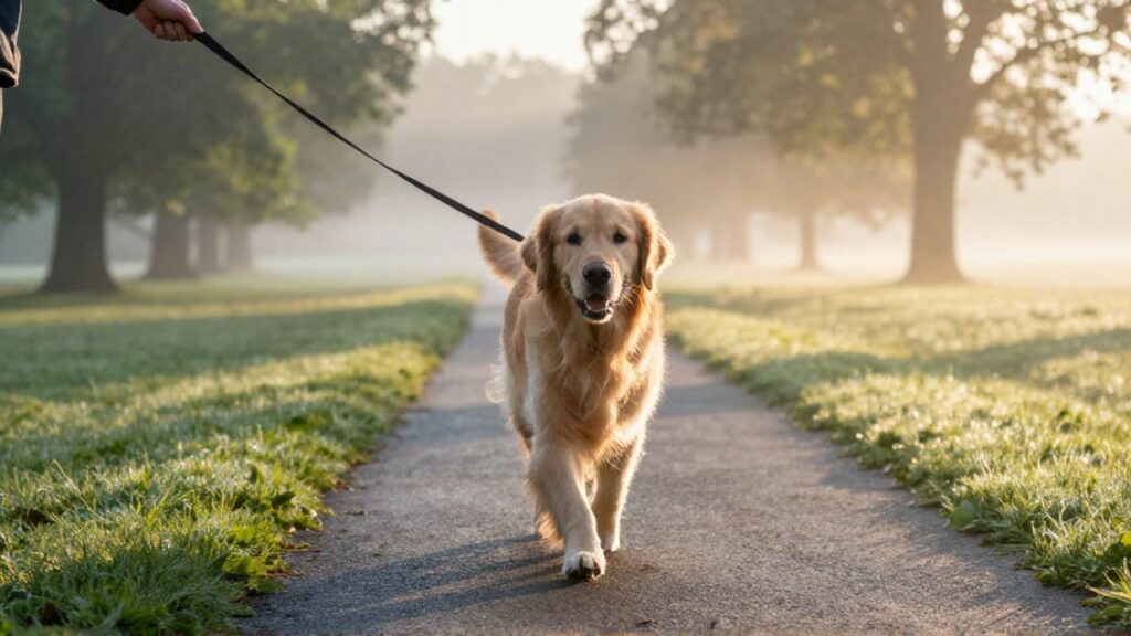 Un Golden Retriever camina alegre por un sendero en un parque brumoso al amanecer.