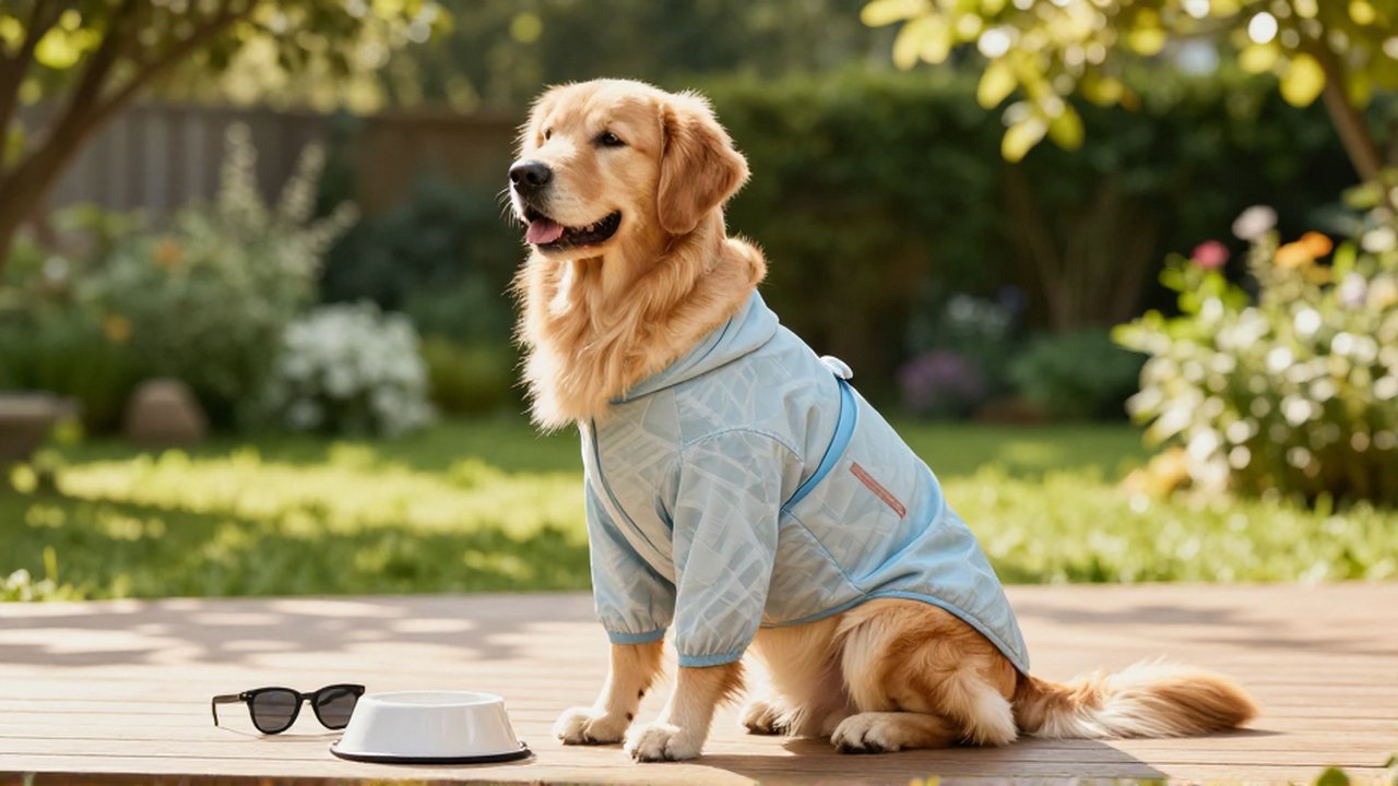 Golden retriever con camiseta protectora solar sentado en una terraza de madera frente a un jardín.