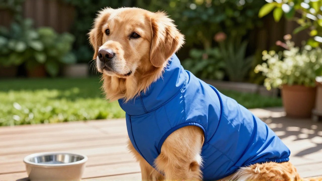 Golden Retriever sentado en un patio soleado con una camiseta protectora de color azul que le queda demasiado apretada.