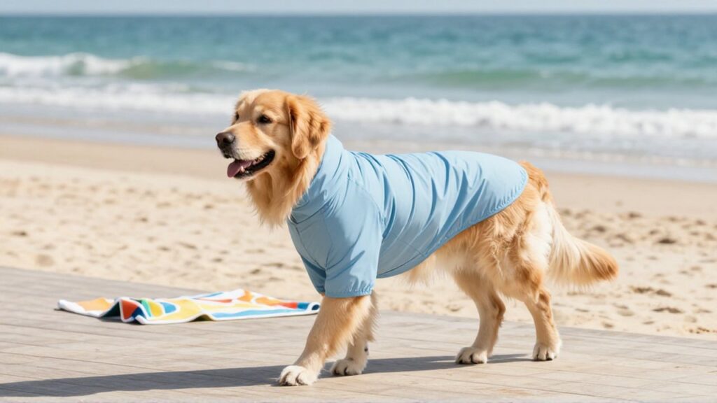 Un Golden Retriever con una camiseta protectora azul camina por un paseo marítimo junto al mar.