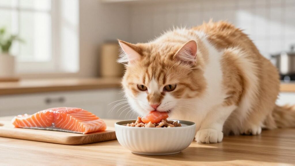 Gato de pelo largo comiendo comida húmeda de salmón en una cocina luminosa y moderna.