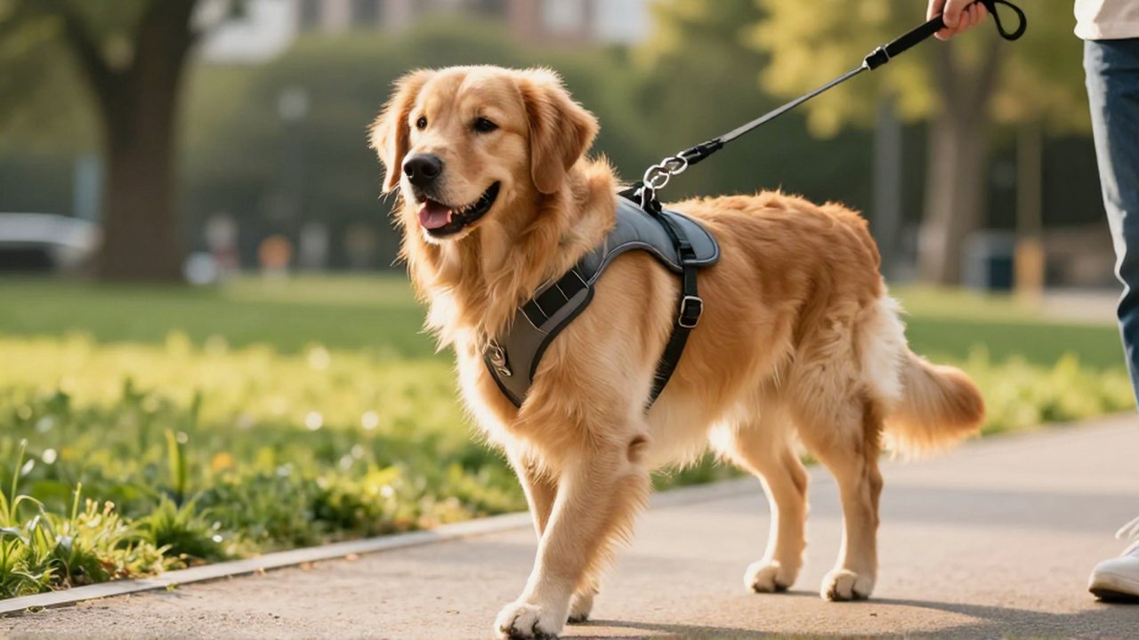 Un Golden Retriever camina tranquilo con un arnés ergonómico en un parque soleado.