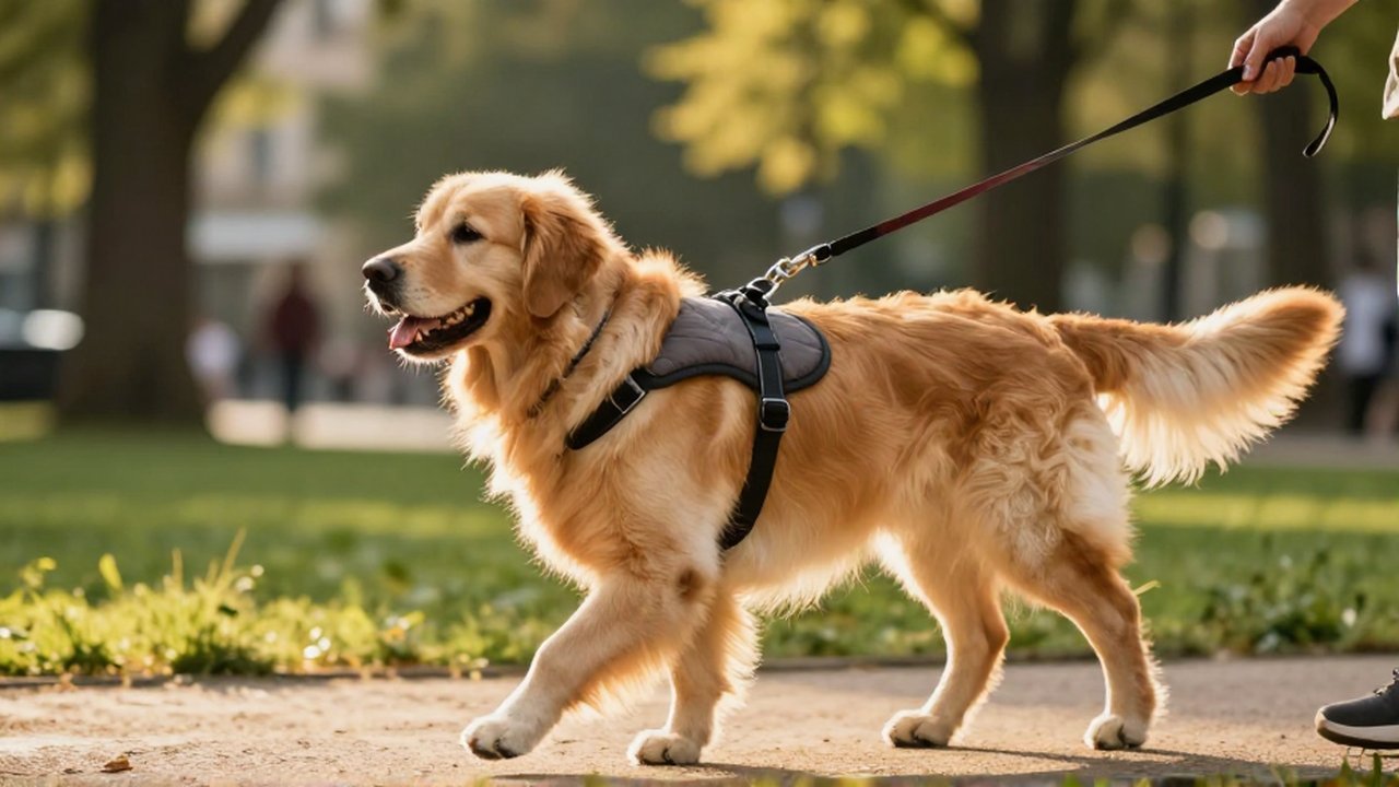 Golden Retriever con arnés ergonómico caminando tranquilamente en un parque soleado durante el atardecer.