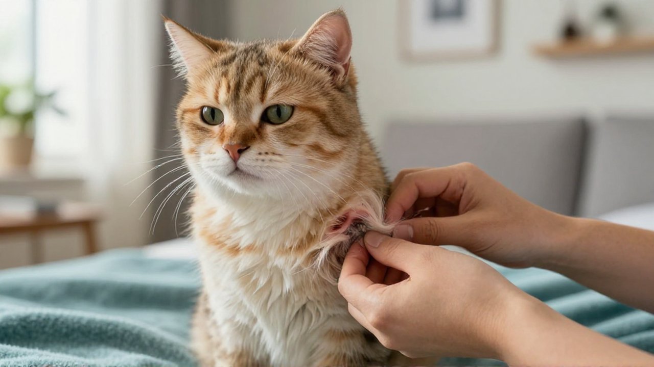 Una mano examina con cuidado una zona con poco pelo en el costado de un gato doméstico.