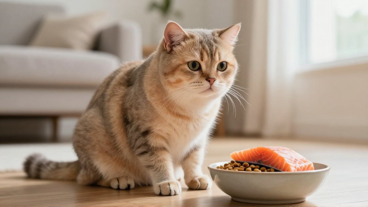 Gato doméstico sentado en un suelo de madera junto a un cuenco de comida y salmón fresco.