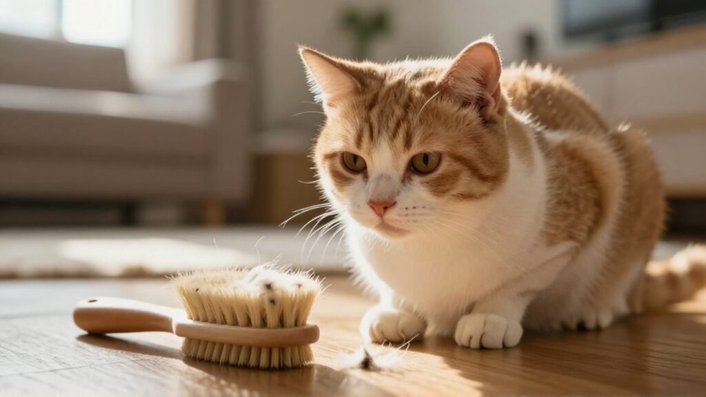 Gato sentado en un suelo de madera junto a un cepillo y un mechón de pelo suelto.