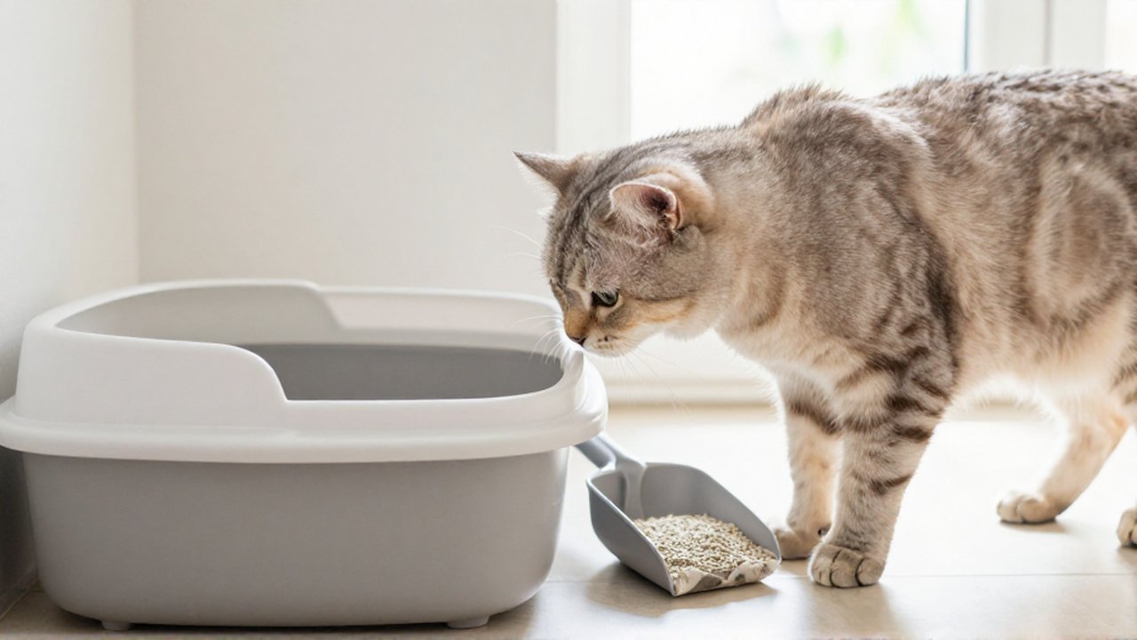 Un gato curiosamente huele la arena limpia de su caja en un cuarto de lavado luminoso.