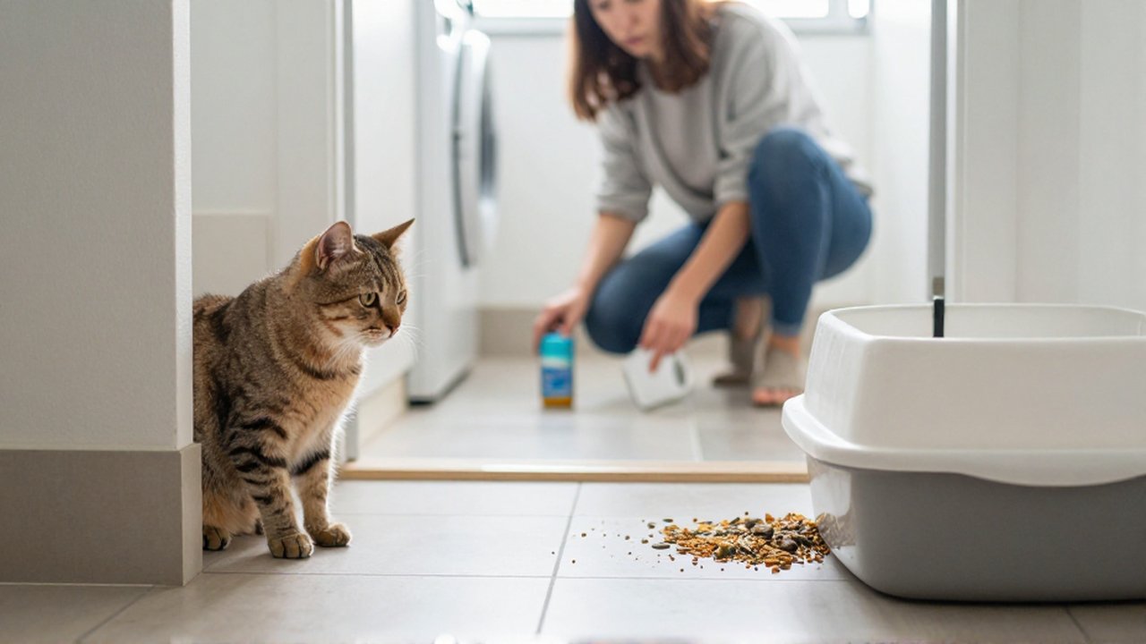 Un gato asustado observa la arena derramada junto a su caja en un cuarto de lavandería.
