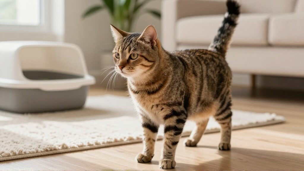 Gato tabby con postura dudosa mira hacia una alfombra