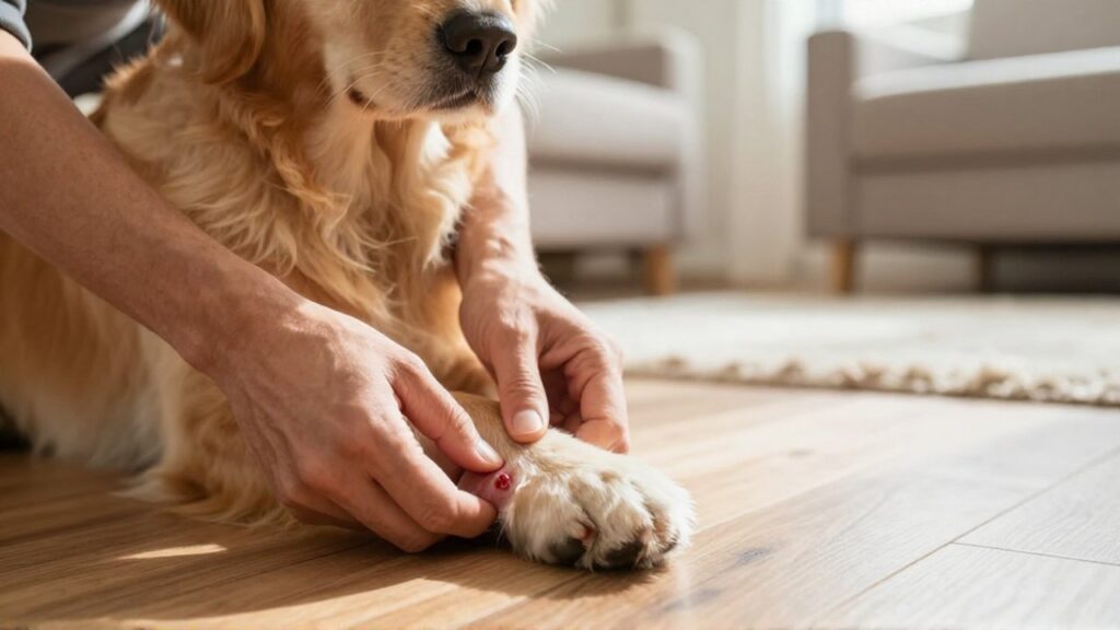 Manos de un dueño inspeccionan con cuidado una pata hinchada de un perro golden retriever.