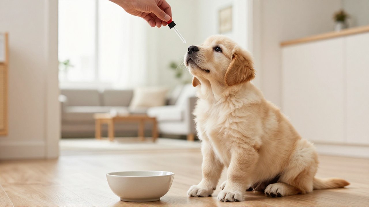 Un cachorro de Golden Retriever mira con curiosidad un gotero medicinal sobre un cuenco en una sala luminosa.
