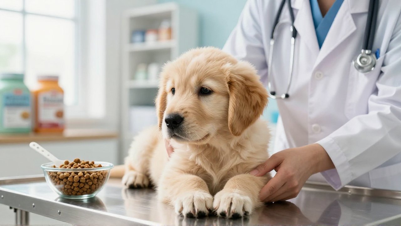 Un veterinario examina con cuidado las patas de un cachorro de Golden Retriever en una clínica.