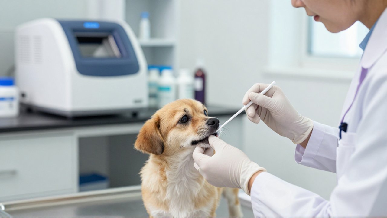Veterinaria con guantes realiza un frotis bucal a un perro en una clínica moderna.