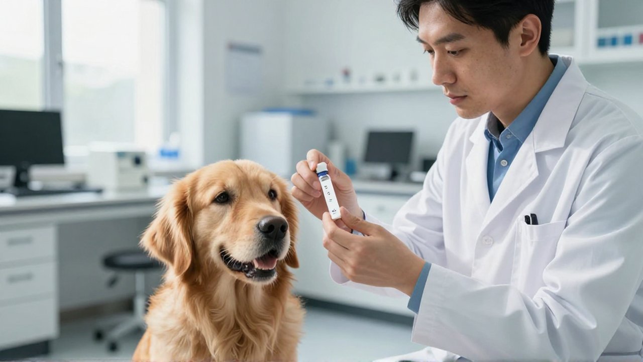 Un veterinario examina un vial de ADN junto a un golden retriever en un laboratorio clínico luminoso.