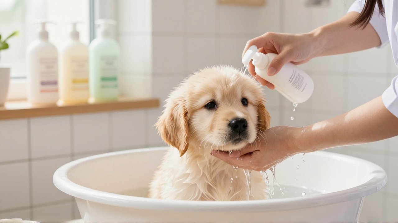 Una persona baña con delicadeza a un cachorro de Golden Retriever en un baño luminoso.