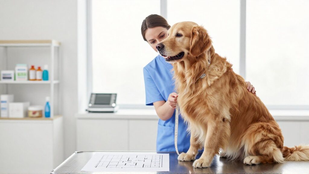 Un veterinario mide un plano de suelo junto a un Golden Retriever en una clínica moderna.