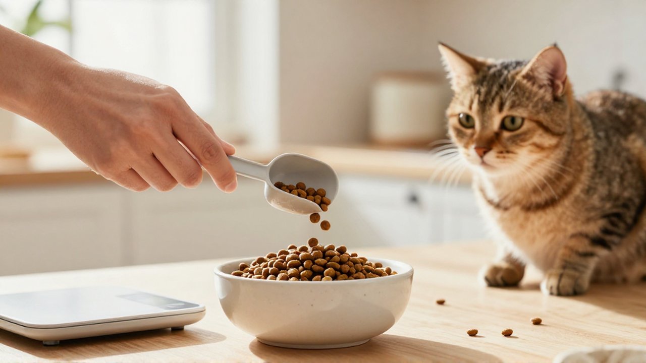 Unas manos sirven raciones de pienso en un cuenco cerámico mientras un gato observa cerca.