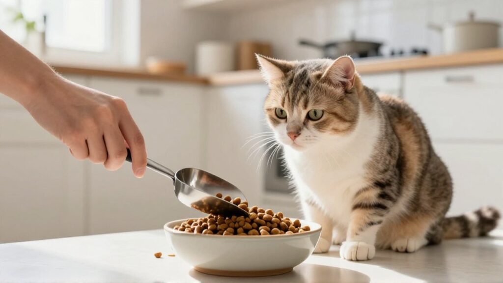 Un gato observa atentamente mientras le sirven comida seca en un cuenco en una cocina luminosa.