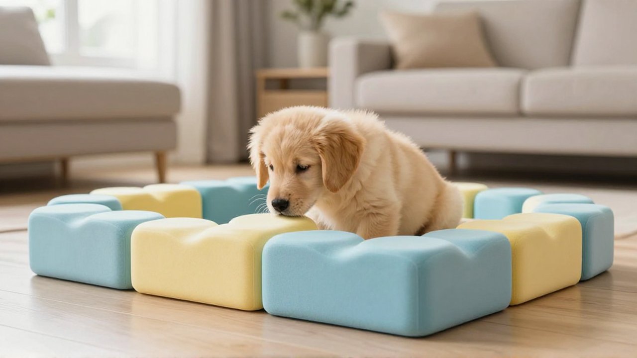 Un cachorro de golden retriever olfatea unos bloques de espuma coloridos en una sala iluminada.