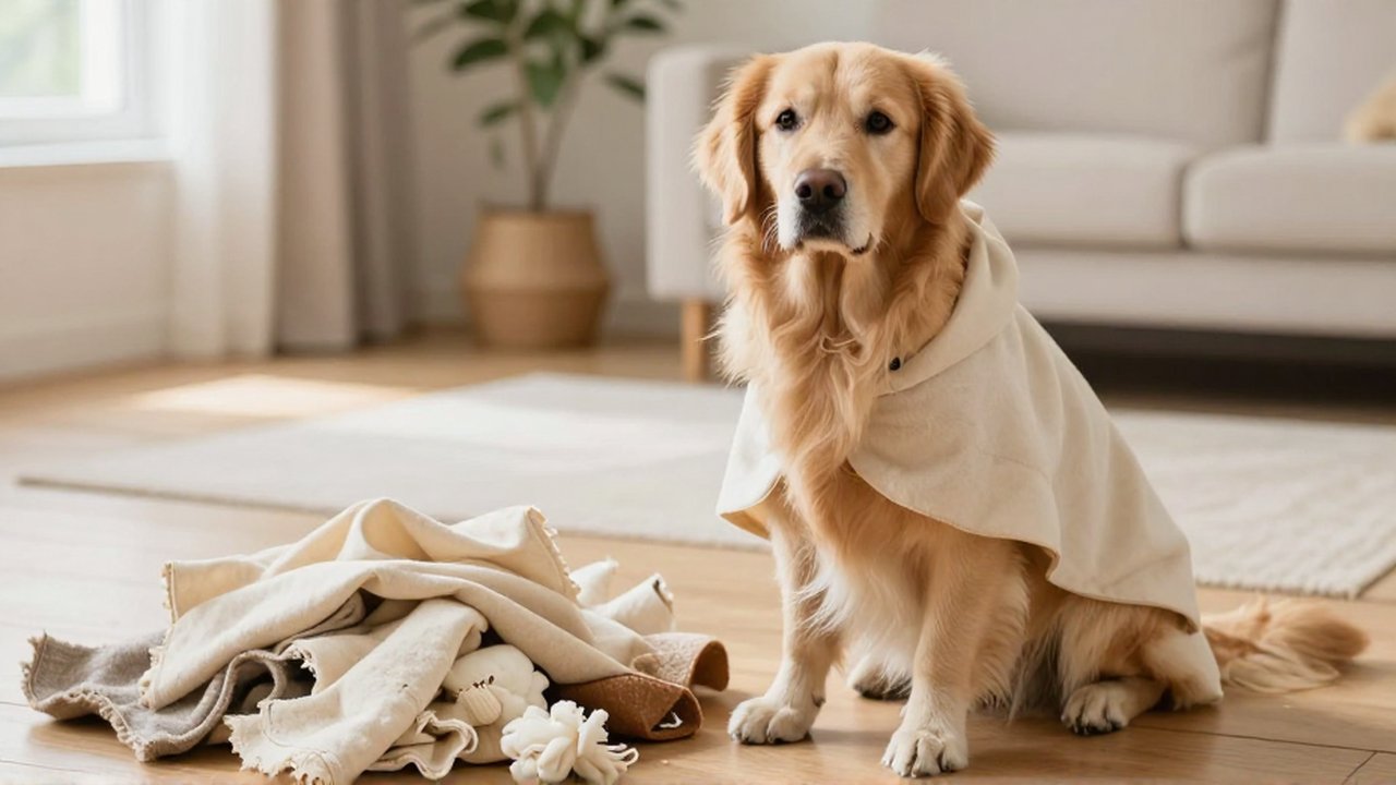 Golden retriever con capa de algodón junto a retales de tela segura en una sala luminosa.