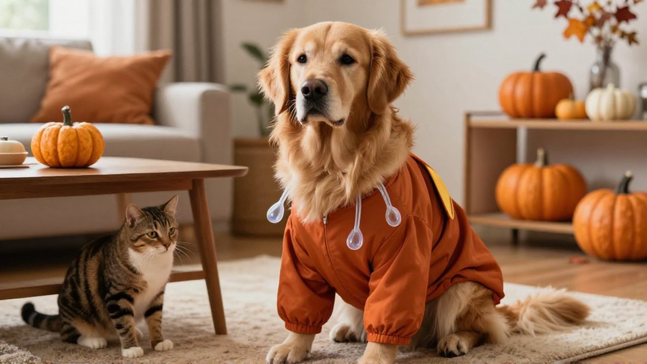 Un golden retriever con un disfraz de superhéroe mal ajustado mira con cautela mientras un gato lo observa.