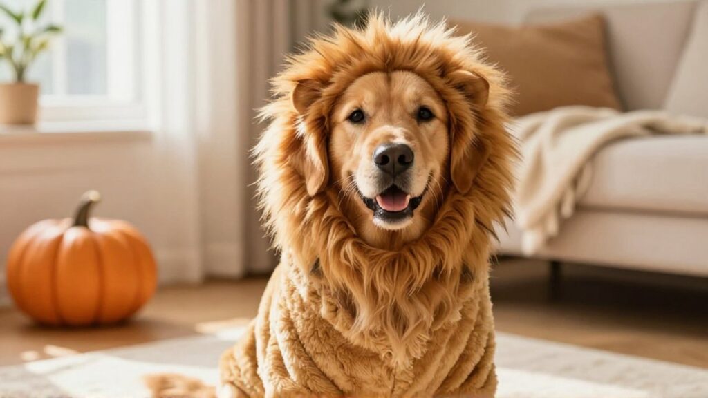 Un golden retriever con un disfraz de melena de león posa feliz en una acogedora sala.