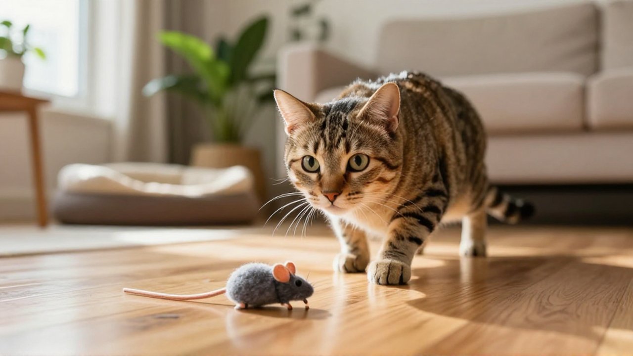 Gato atigrado acechando con intensidad un pequeño ratón de juguete sobre un suelo de madera.
