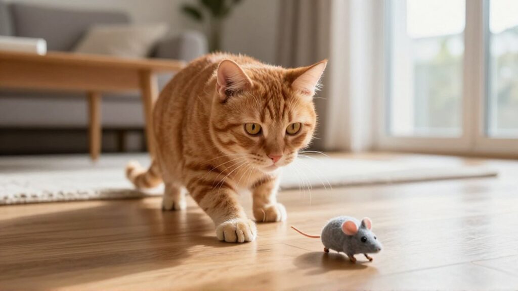 Un gato atigrado acecha intensamente a un pequeño ratón de juguete sobre un suelo de madera.