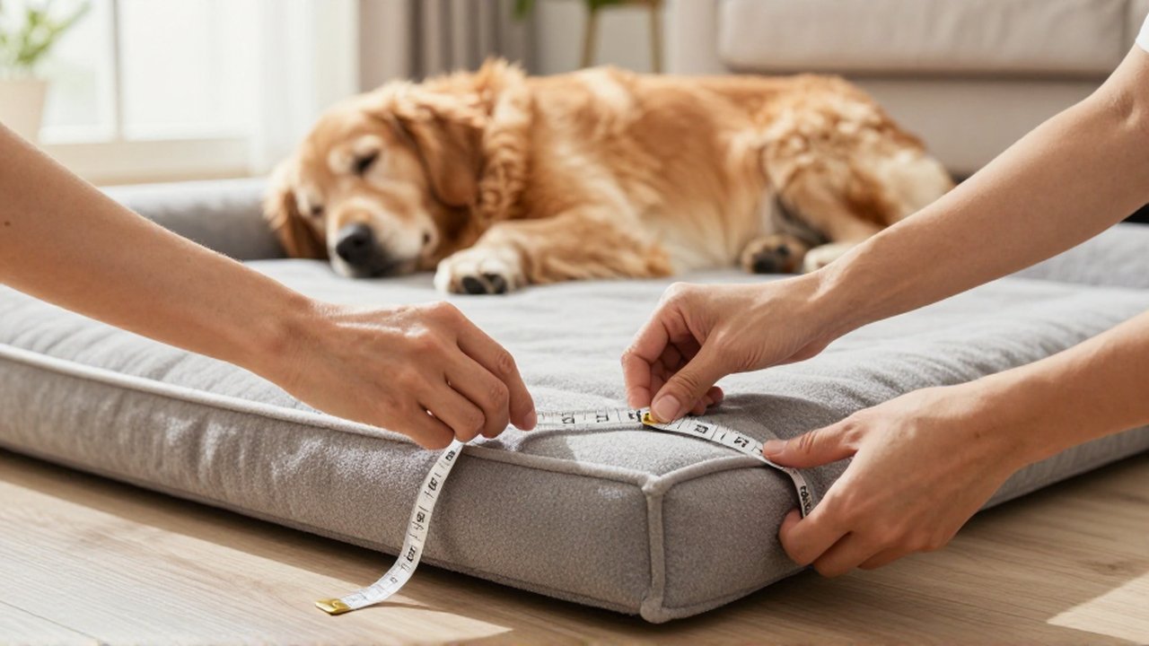 Unas manos miden una cama ortopédica gris para perro en una luminosa sala de estar.