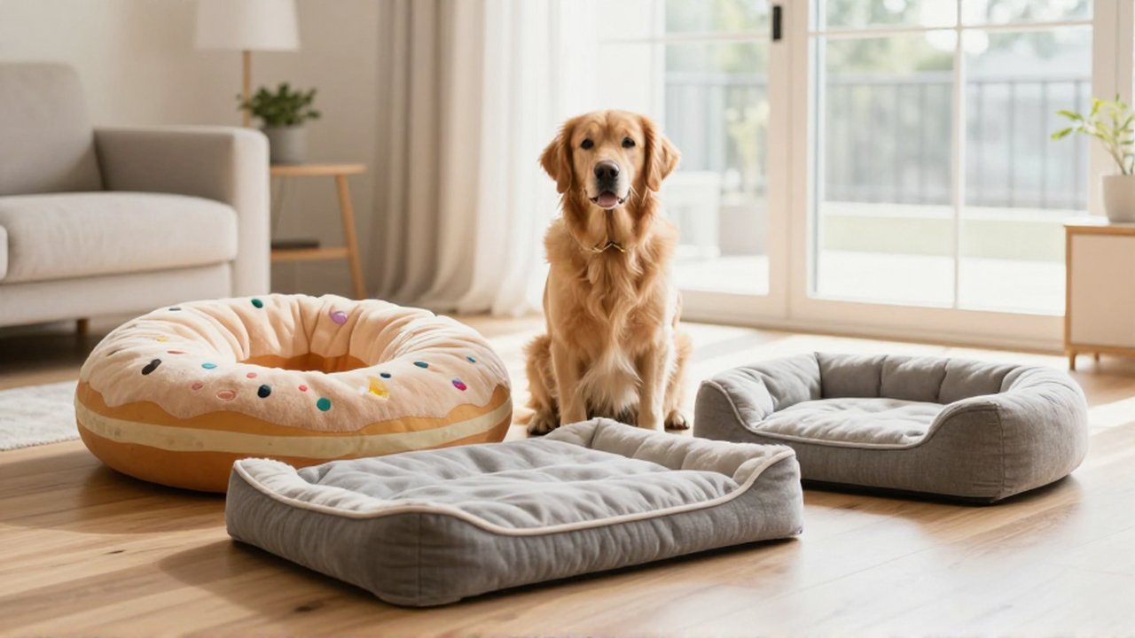 Un Golden Retriever mira con curiosidad diversas opciones de camas para perros en una sala luminosa.