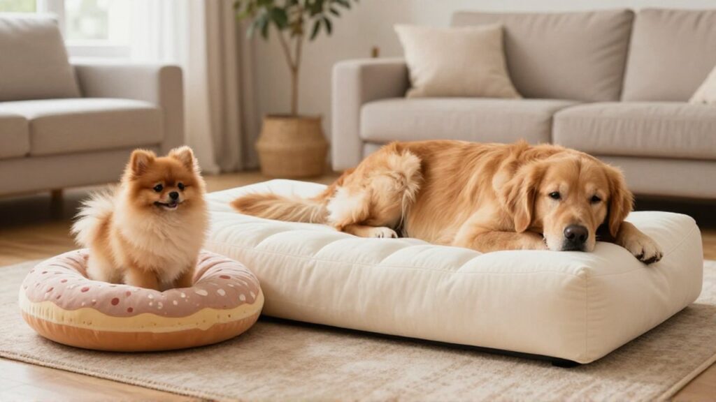 Un pequeño Pomerania en su cama circular junto a un Golden Retriever en una cama ortopédica.
