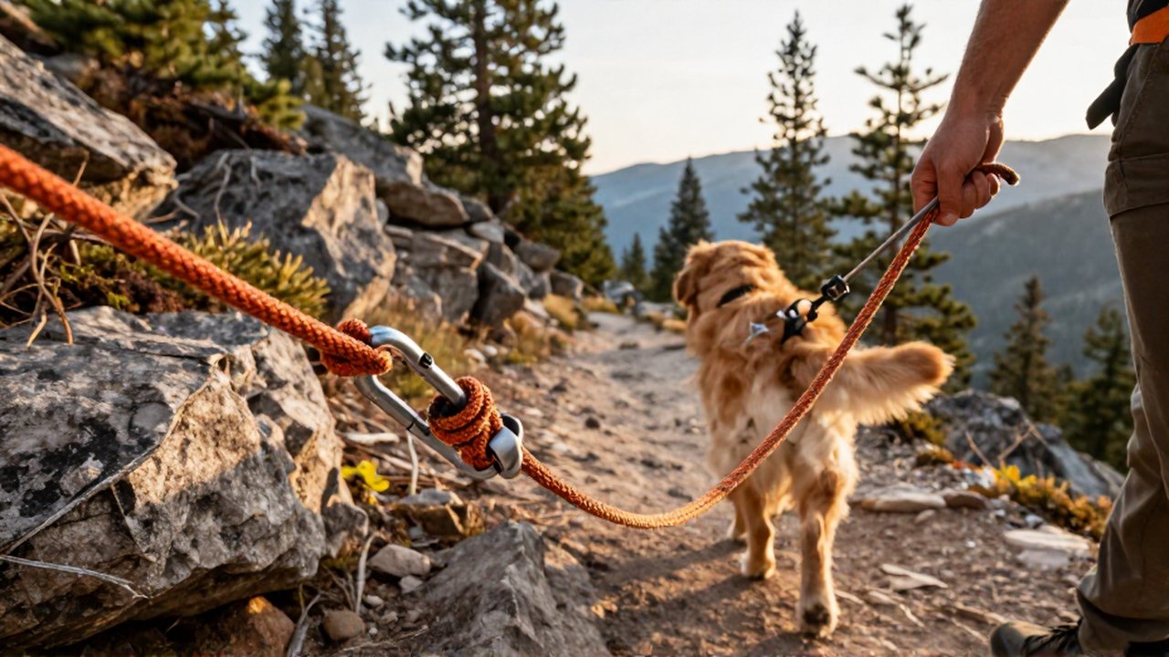 Una mano sujeta una correa naranja de cuerda resistente conectada al arnés de un Golden Retriever en un sendero de montaña.