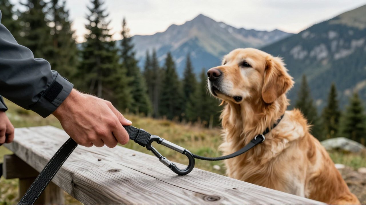 Una persona revisa una correa táctica de alta resistencia junto a un Golden Retriever en un sendero de montaña.