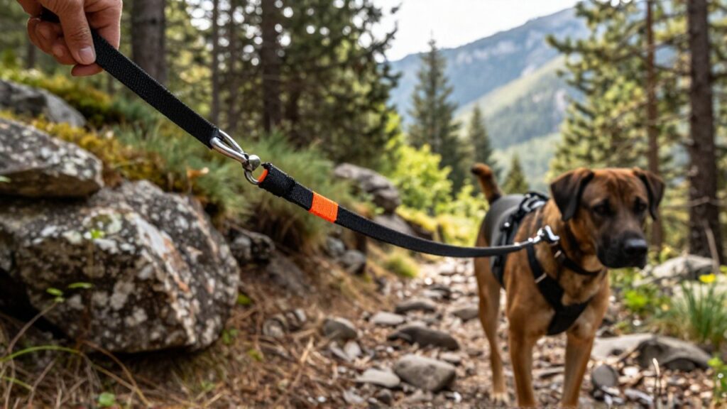 Mano de excursionista sujeta una correa resistente de un perro con arnés táctico en un bosque.