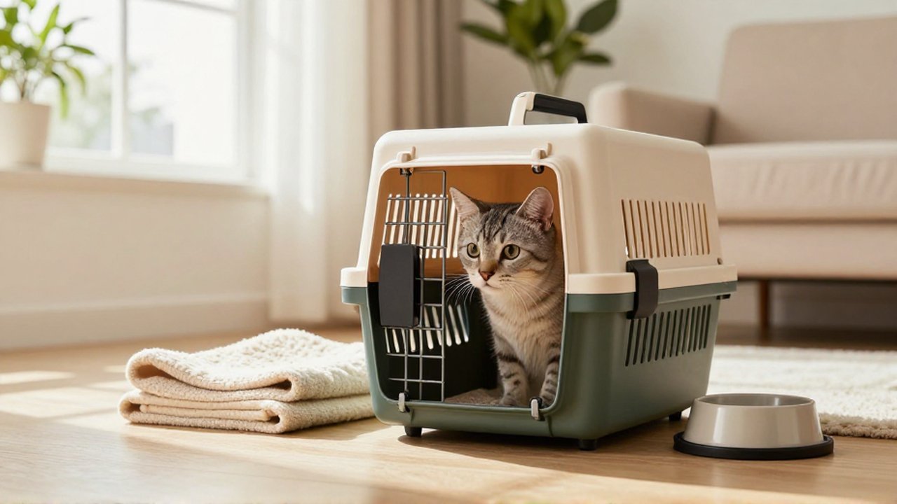 Un gato atisba desde un transportín moderno junto a una manta y un cuenco en una sala iluminada.