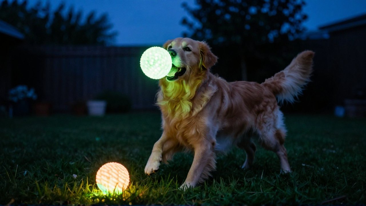 Un Golden Retriever salta para atrapar una pelota LED brillante en un jardín al anochecer.