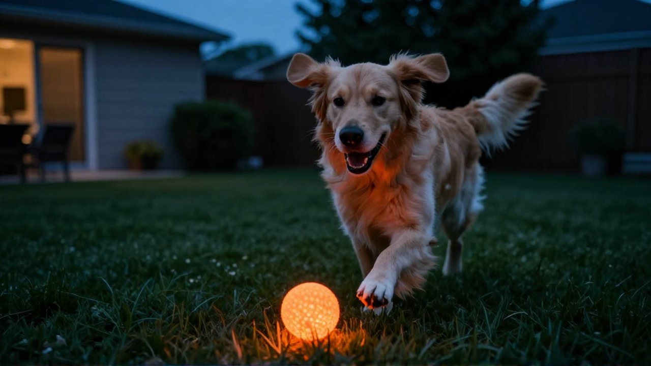 Un Golden Retriever corre con alegría tras una pelota naranja brillante en un jardín al anochecer.