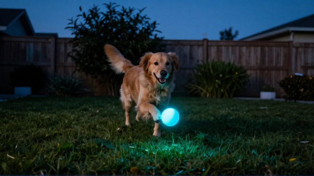 Un Golden Retriever salta con alegría para atrapar una pelota azul brillante en un jardín al atardecer.