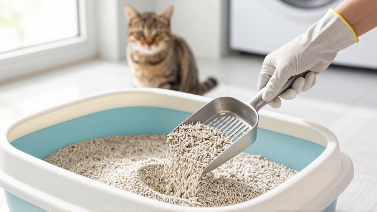 Manos con guantes usan un recogedor de metal para limpiar arena de una caja de gato.