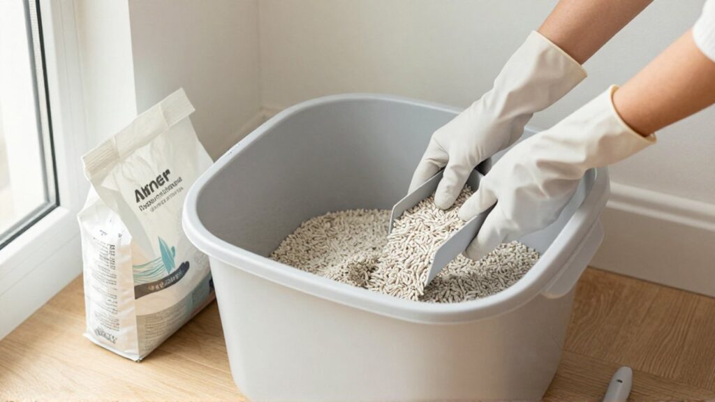 Manos con guantes de limpieza colocan arena para gatos en una caja moderna y luminosa.