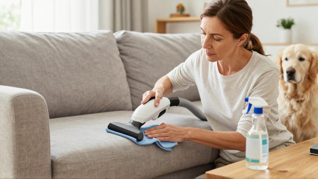 Mujer limpiando un sofá de lino gris con vaporizador en una sala luminosa junto a un perro.