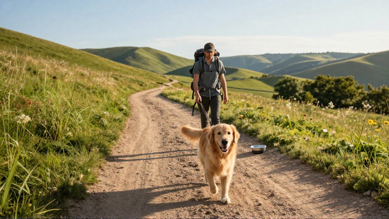 Un Golden Retriever camina alegremente por un sendero rural mientras su dueño lo sigue con correa.