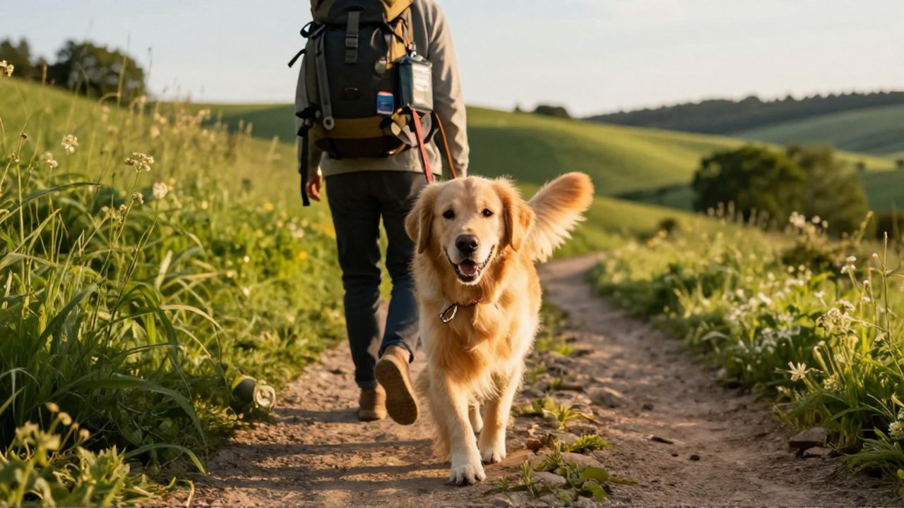 Un Golden Retriever camina con energía por un sendero rural junto a un excursionista.