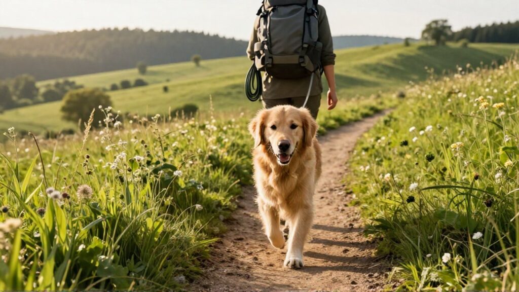 Un Golden Retriever camina con energía por un sendero de campo seguido por un excursionista.