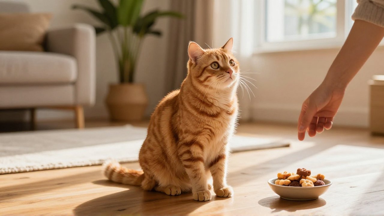Gato tabby naranja sentado en una sala iluminada, mirando con atención la mano de su dueño.