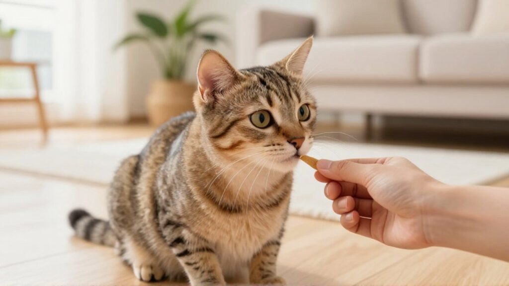 Un gato atigrado presta atención con curiosidad mientras una mano le ofrece un premio.
