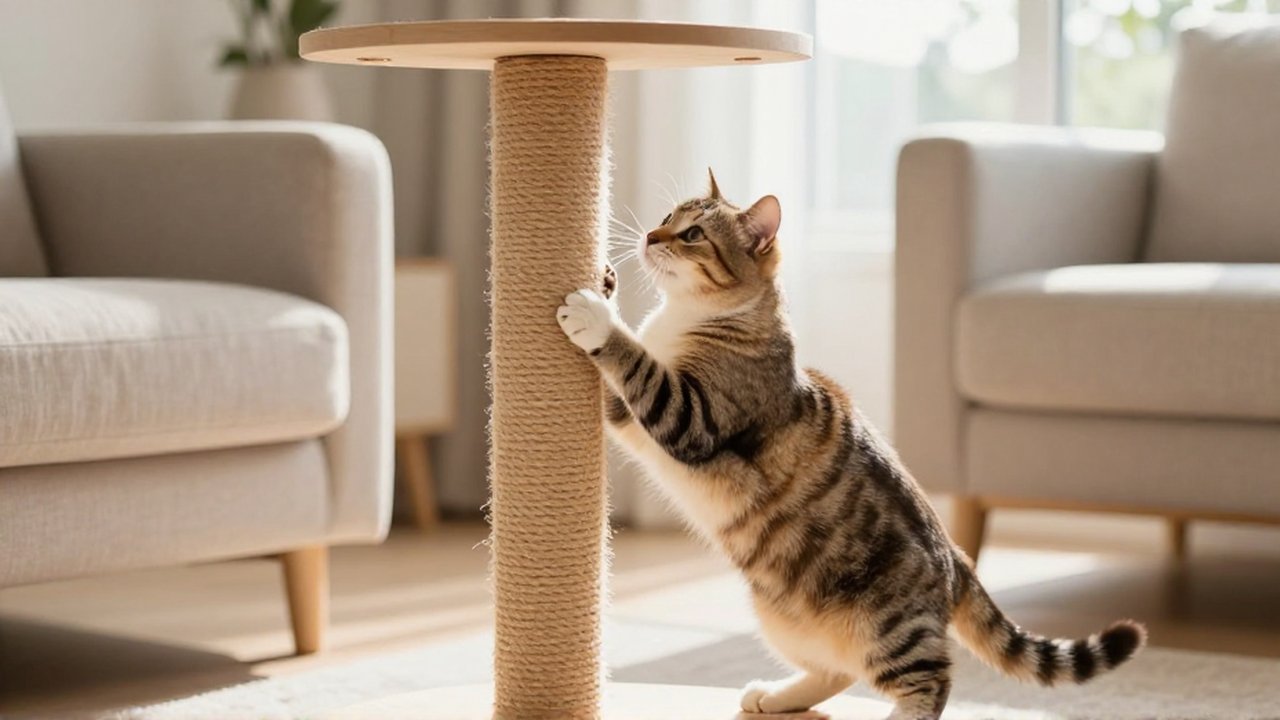 Un gato araña con vigor un poste de sisal en una sala luminosa y moderna.