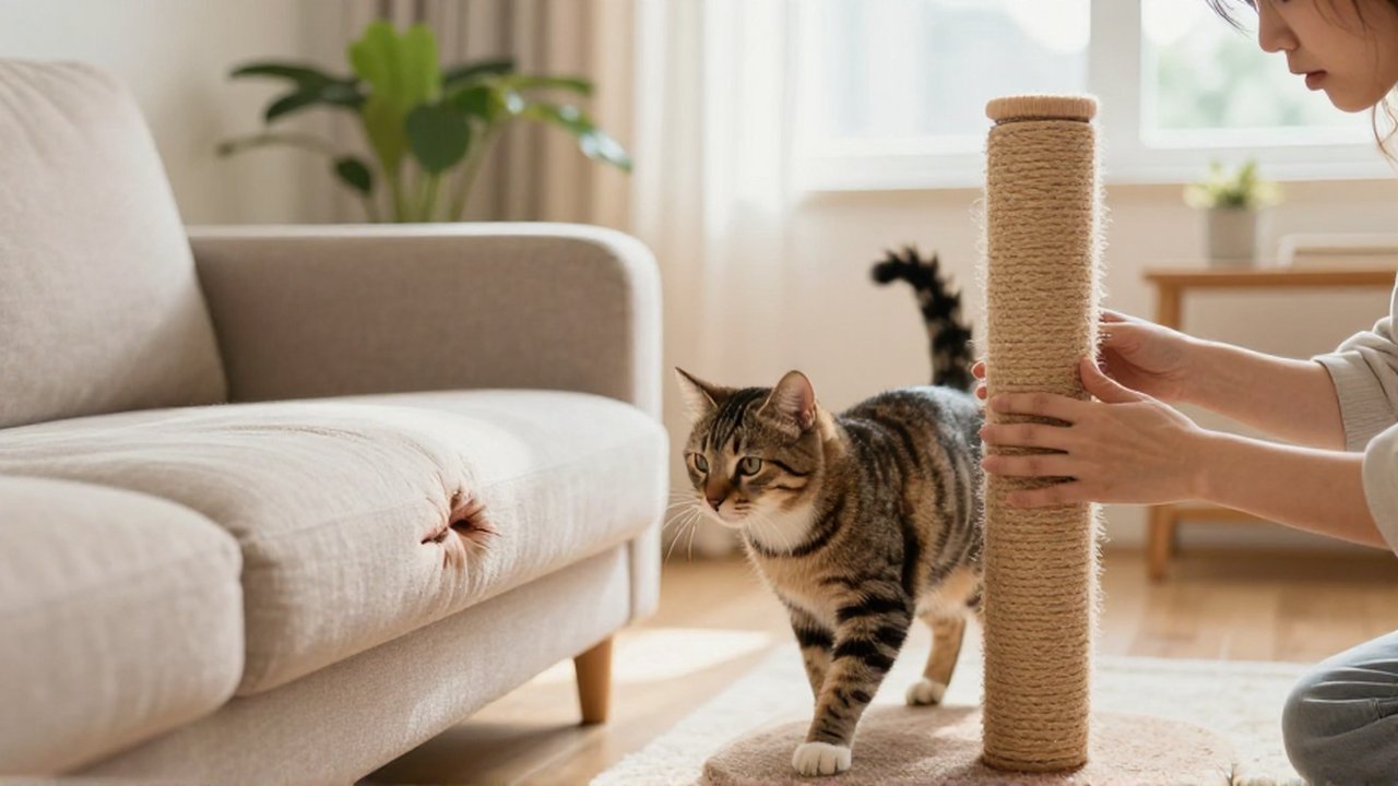 Una persona intenta distraer a un gato con un rascador de sisal tras ver daños en el sofá.